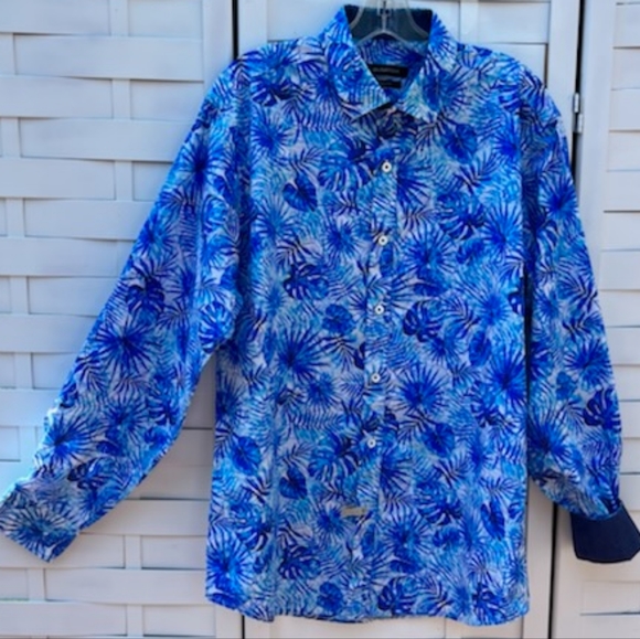 BUGATCHI CLASSIC FIT BUTTON FLIP CUFF BLUE PALM LEAVES SHIRT LARGE - Picture 2 of 16